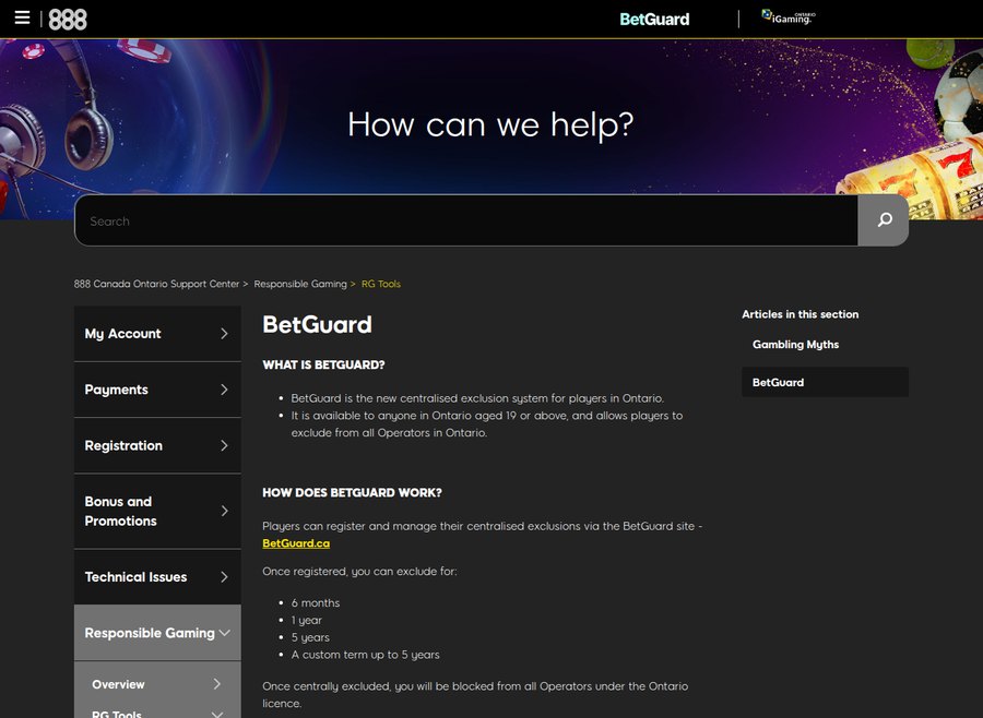 888 Canada Ontario Support Centre article explaining BetGuard, the provincial centralised self-exclusion scheme, and its exclusion periods
