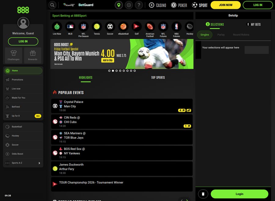 888sport Ontario sportsbook lobby showing top events and the iGaming Ontario and BetGuard marks in the header