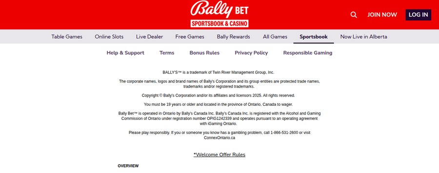Bally Bet Ontario footer naming Bally's Canada Inc. and printing its AGCO registration number OPIG1242339