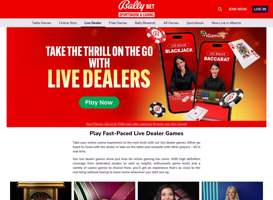 Bally Bet Ontario live dealer page showing live blackjack and baccarat streamed from a studio