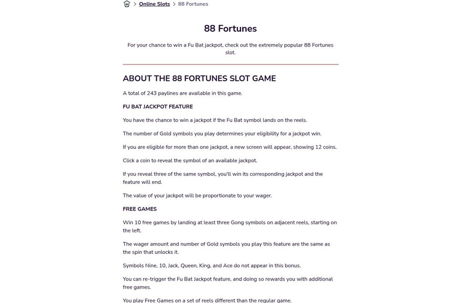 Bally Bet game information page for the 88 Fortunes slot listing paylines and jackpot rules