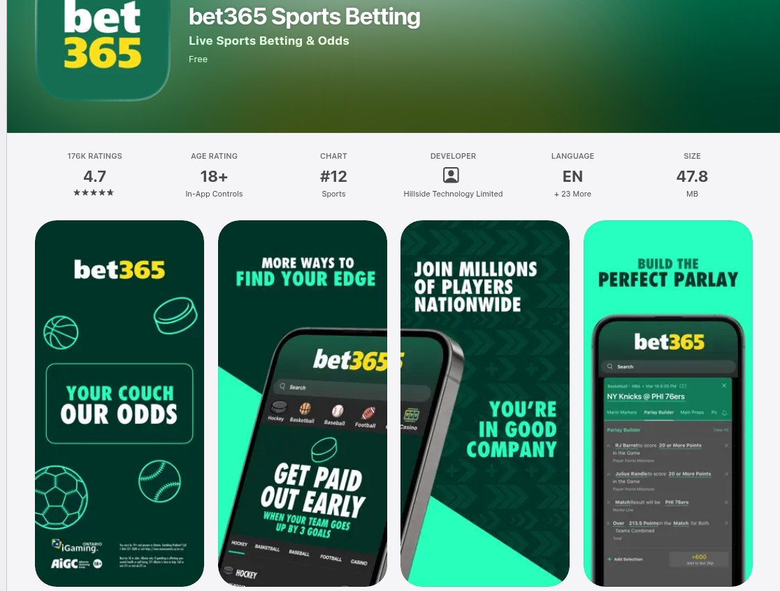 bet365 Sports Betting on the Canadian App Store on 31 August 2026, showing a 4.7 rating from 176K ratings and a 46.0 MB download