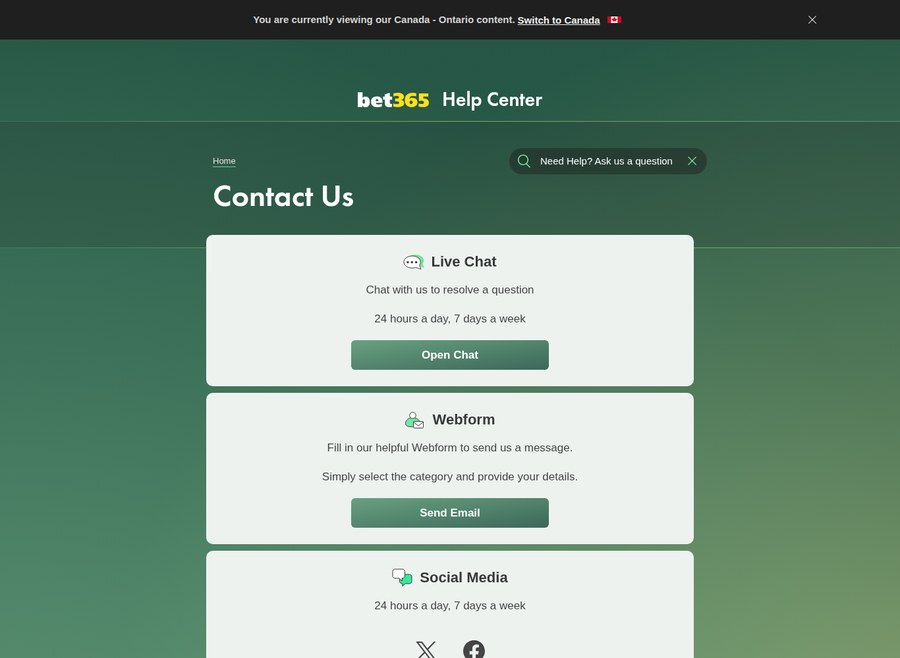 bet365 Ontario contact page listing live chat, webform and social media as the only support channels
