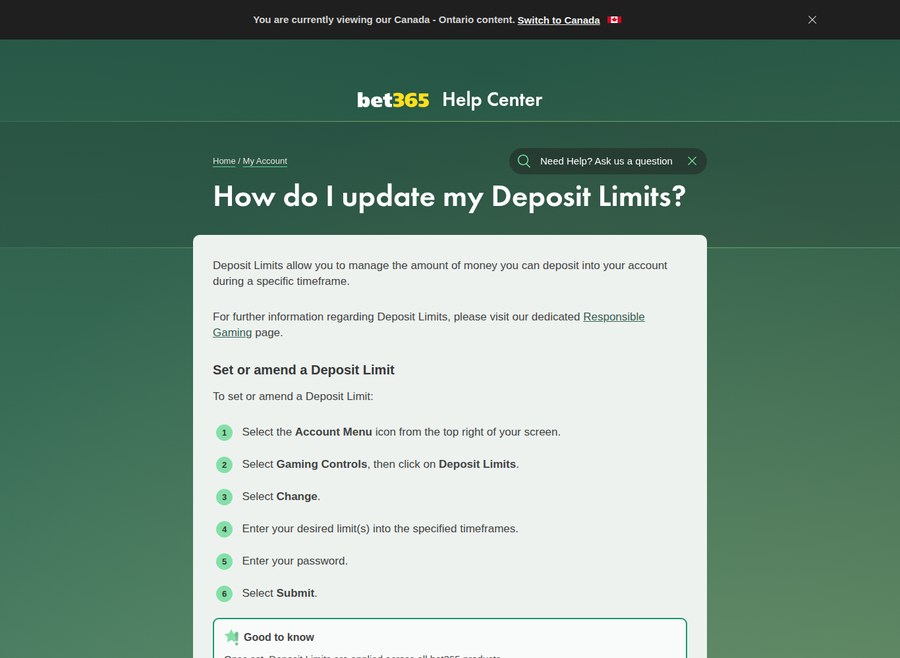bet365 Ontario help centre article on updating deposit limits across all bet365 products
