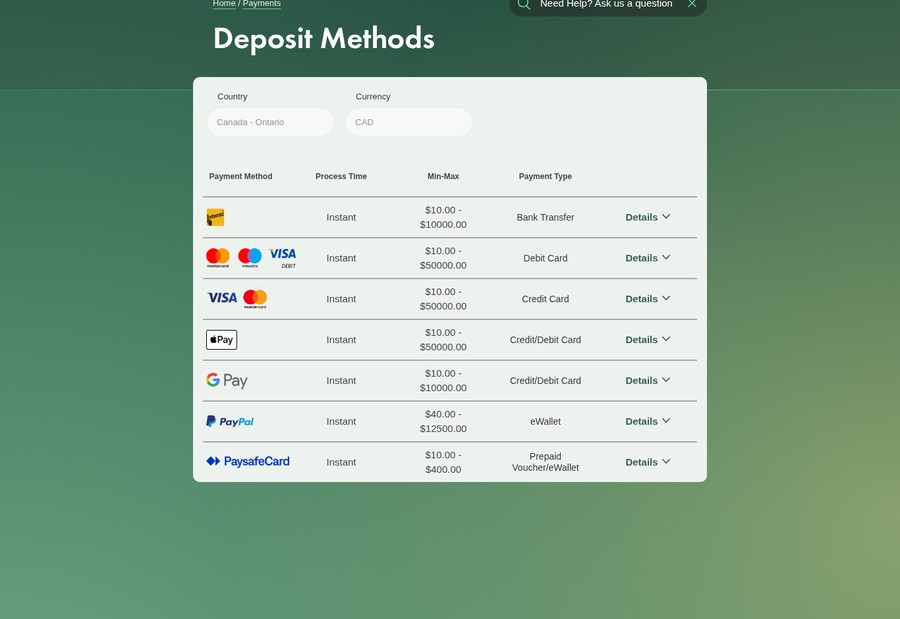 bet365 Ontario deposit methods table with the country selector set to Canada Ontario and currency CAD