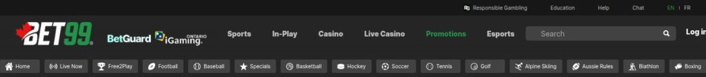 BET99 Ontario navigation bar showing the BetGuard and iGaming Ontario seals above the sports menu