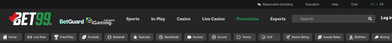BET99 Ontario navigation bar showing the BetGuard and iGaming Ontario seals above the sports menu