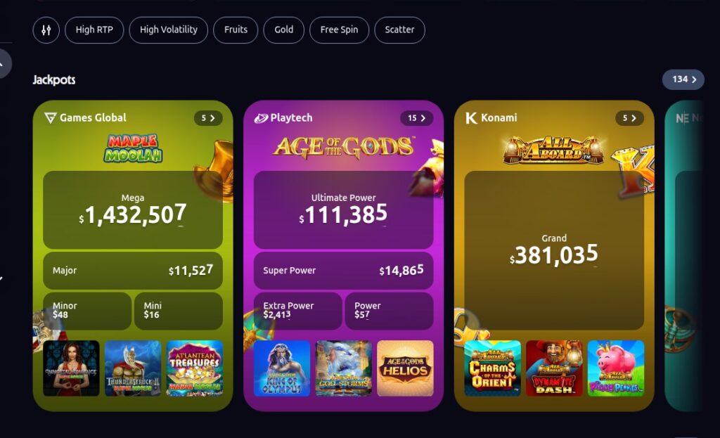 Betano Ontario casino jackpot shelf showing Games Global, Playtech Age of the Gods and Konami progressive totals