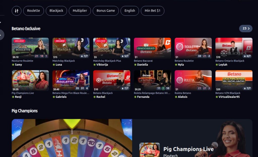 Betano Ontario live dealer lobby showing the Betano Exclusive tables with named dealers and minimum bets from 0.10 dollars