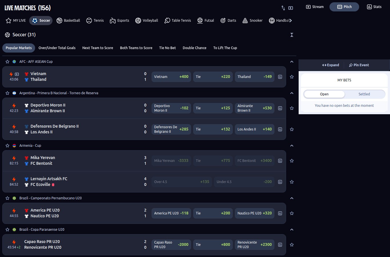 Betano Ontario live betting page showing 156 matches in play across soccer, basketball, tennis and esports