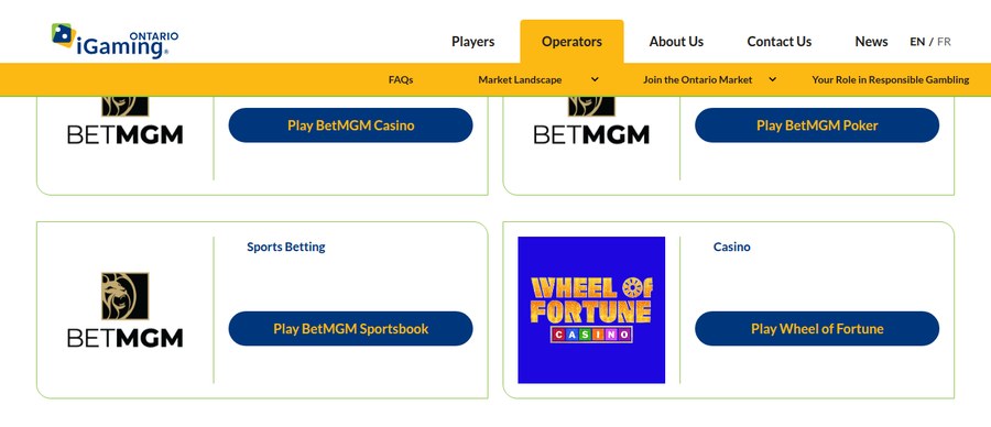 iGaming Ontario register entry for BetMGM Canada Inc showing four registered gaming sites including Wheel of Fortune