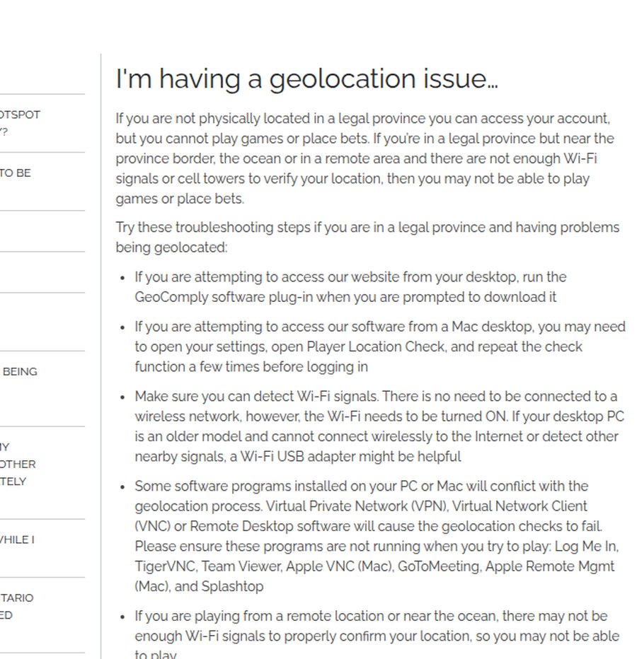 BetMGM Ontario geolocation help page listing GeoComply and the VPN and remote desktop programs that cause failures