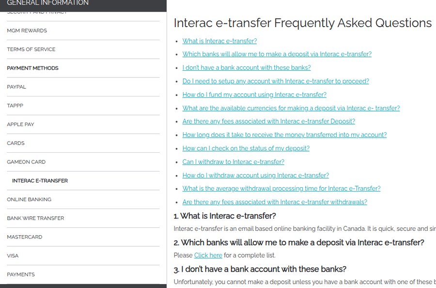 BetMGM Ontario help centre Interac e-transfer FAQ with the full payment methods menu