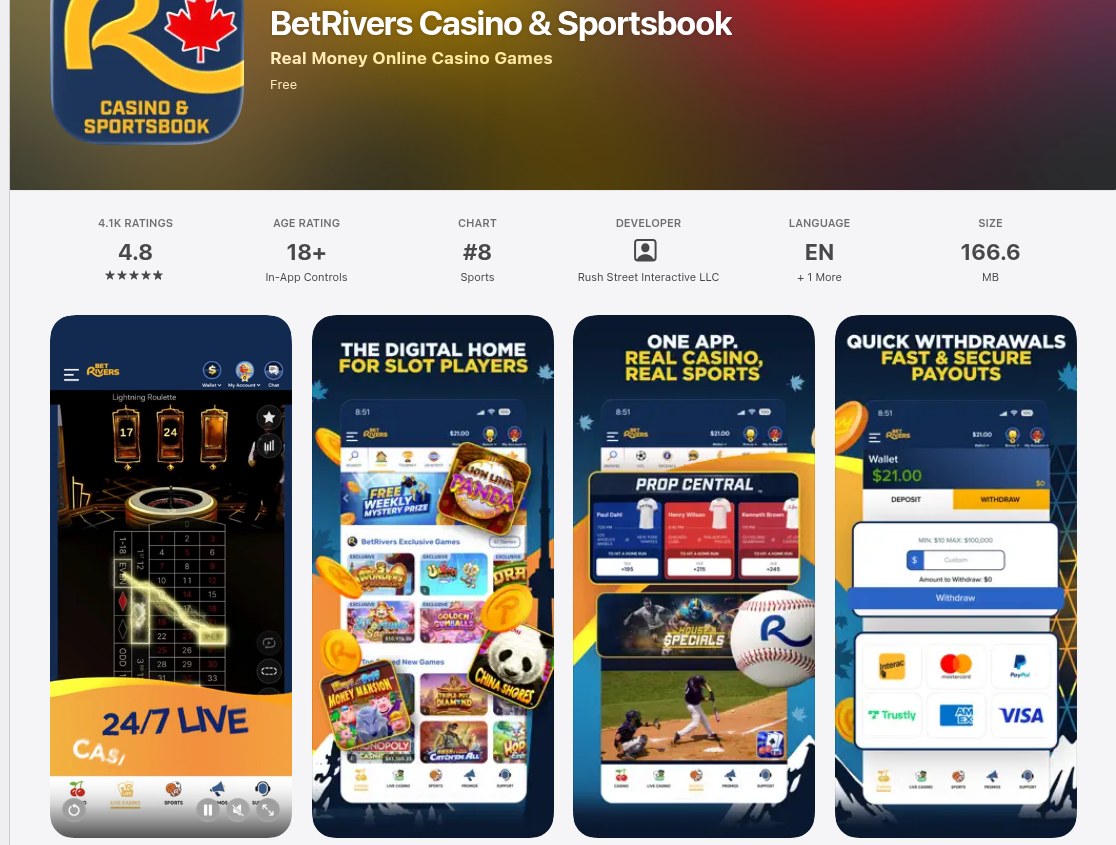 BetRivers Casino and Sportsbook on the Canadian App Store on 31 August 2026, showing a 4.8 rating from 4.1K ratings and a 166.6 MB download