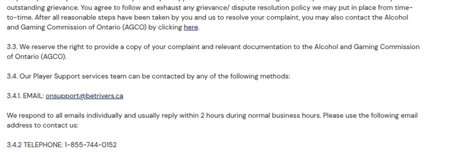 BetRivers Ontario terms section listing the player support email and telephone number