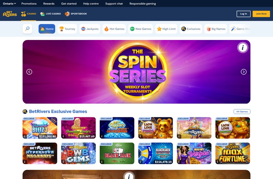 BetRivers Ontario casino lobby showing exclusive games and category shelves