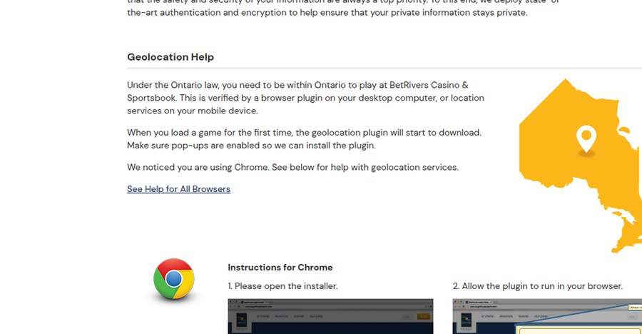 BetRivers Ontario geolocation help section explaining the desktop browser plugin and mobile location services
