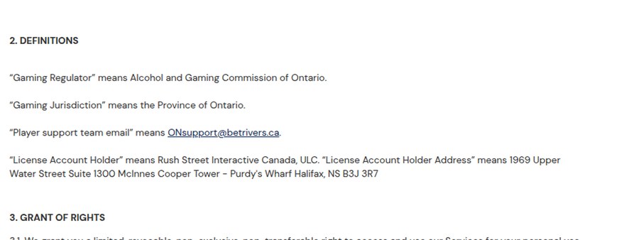 BetRivers Ontario terms of service definitions section naming Rush Street Interactive Canada ULC and its Halifax address