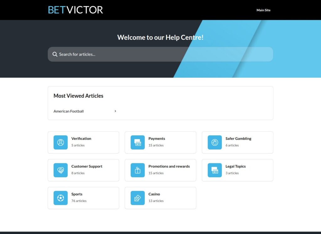 BetVictor Ontario help centre showing eight collections with article counts including Payments and Safer Gambling