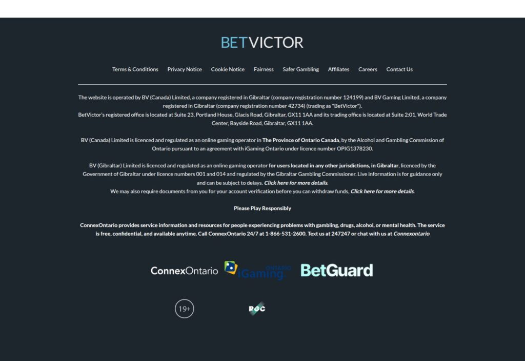 BetVictor Ontario footer showing AGCO licence OPIG1378230 with the iGaming Ontario, BetGuard and ConnexOntario seals
