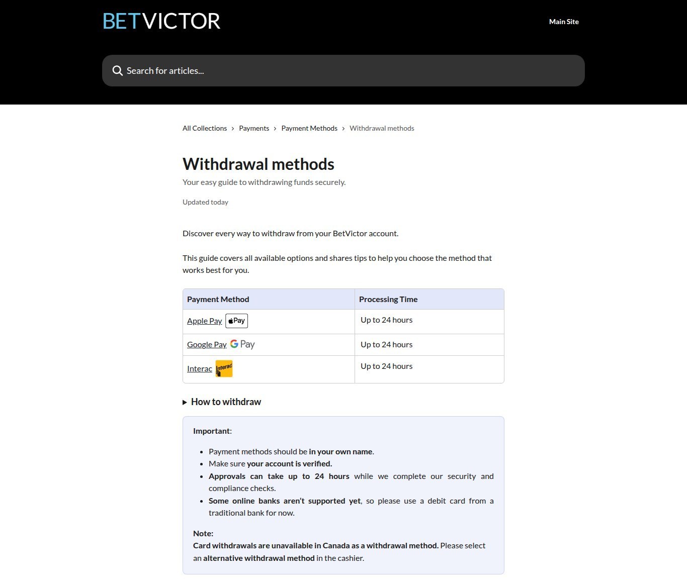 BetVictor Ontario withdrawal methods article showing a payment table without cards above advice to use a debit card