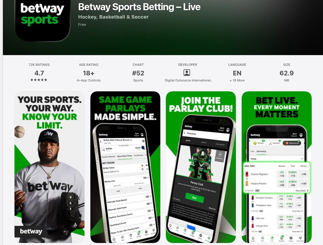 Betway Sports Betting on the Canadian App Store on 31 August 2026, showing a 4.7 rating and a 62.9 MB download