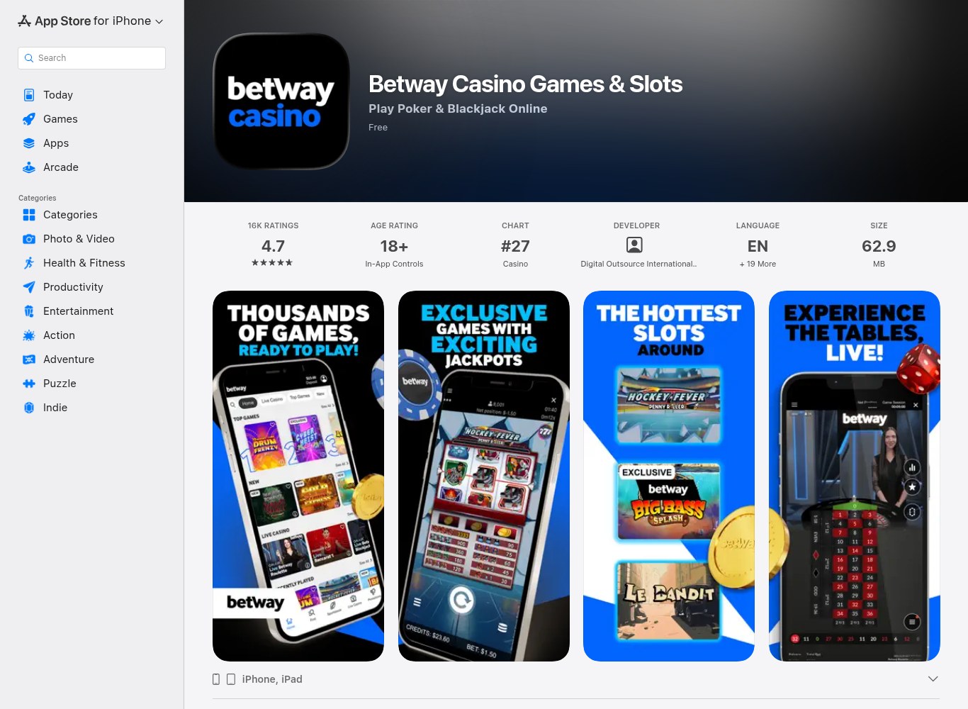 Betway Casino app listing on the Canadian App Store showing a 4.7 rating and the Digital Outsource International developer