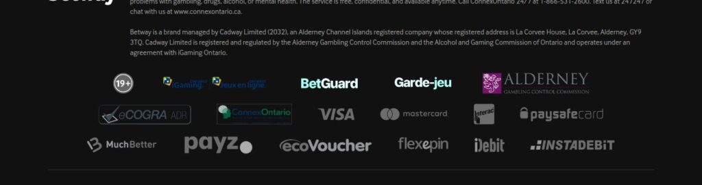 Betway Ontario footer naming Cadway Limited of Alderney, with the 19+, iGaming Ontario, BetGuard, Alderney and eCOGRA seals and ten payment logos