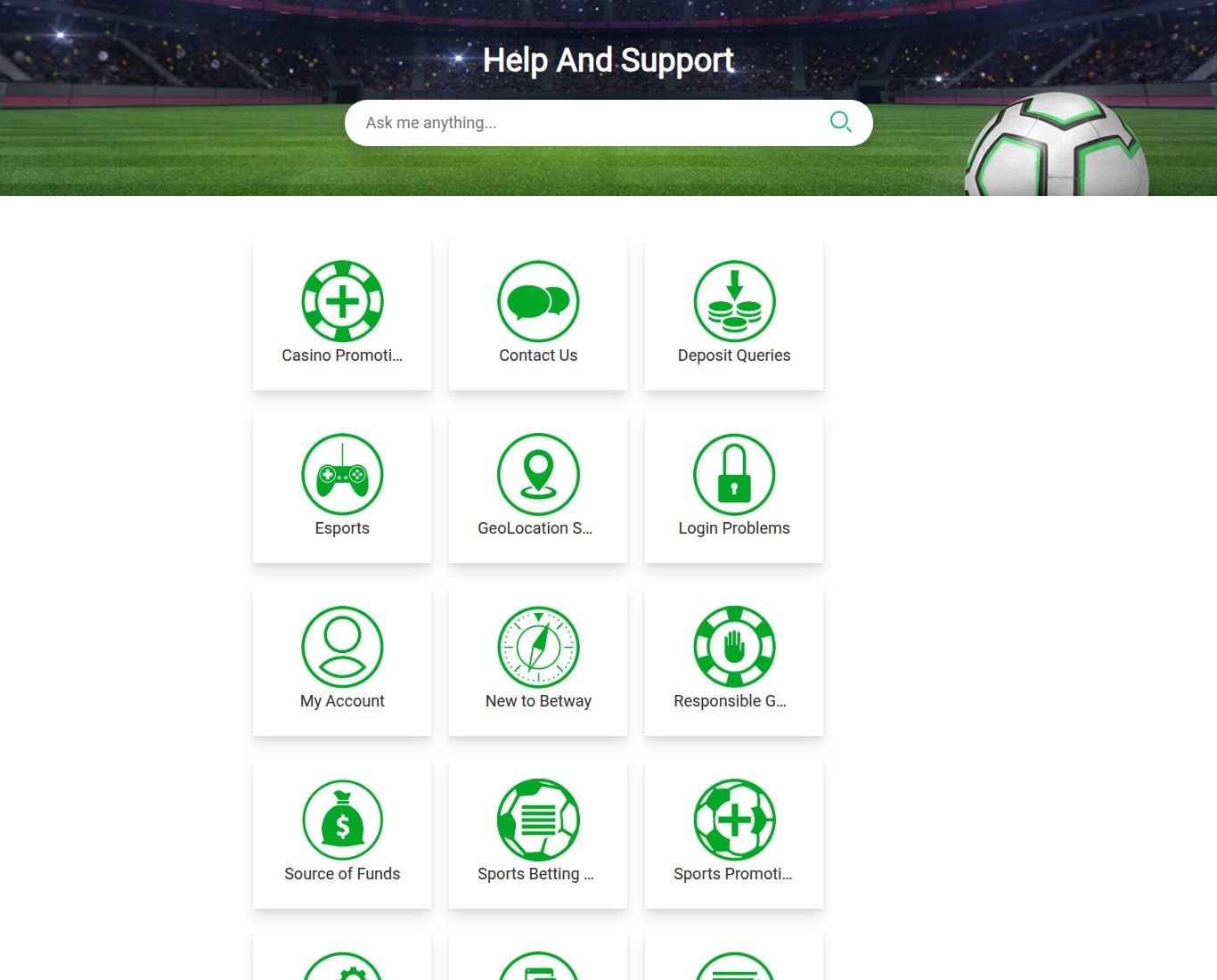 Betway Ontario help centre with categories for deposits, withdrawals, verification and responsible gambling