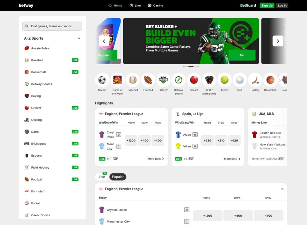 Betway Ontario sportsbook lobby with the A-Z sports menu and live Premier League, La Liga and MLB markets