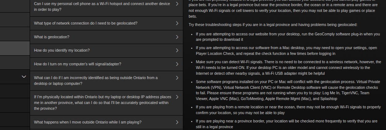 bwin Ontario geolocation help page naming GeoComply and the remote-access programs that break location checks