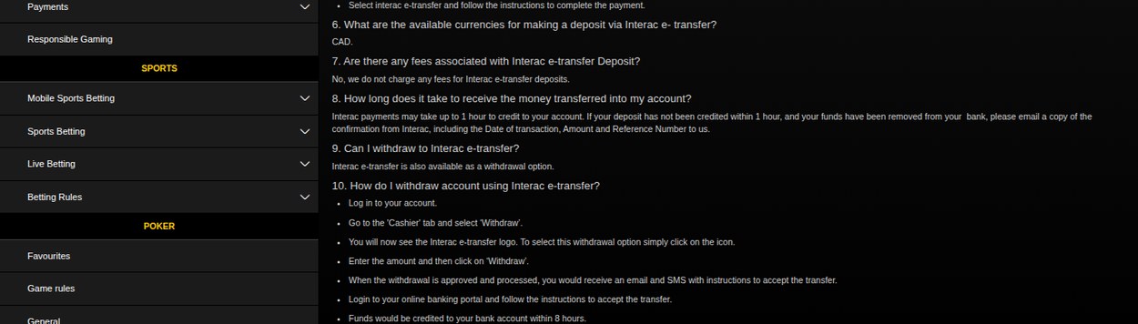 bwin Ontario help centre page for Interac e-Transfer showing CAD currency, no fees and an eight-hour withdrawal window