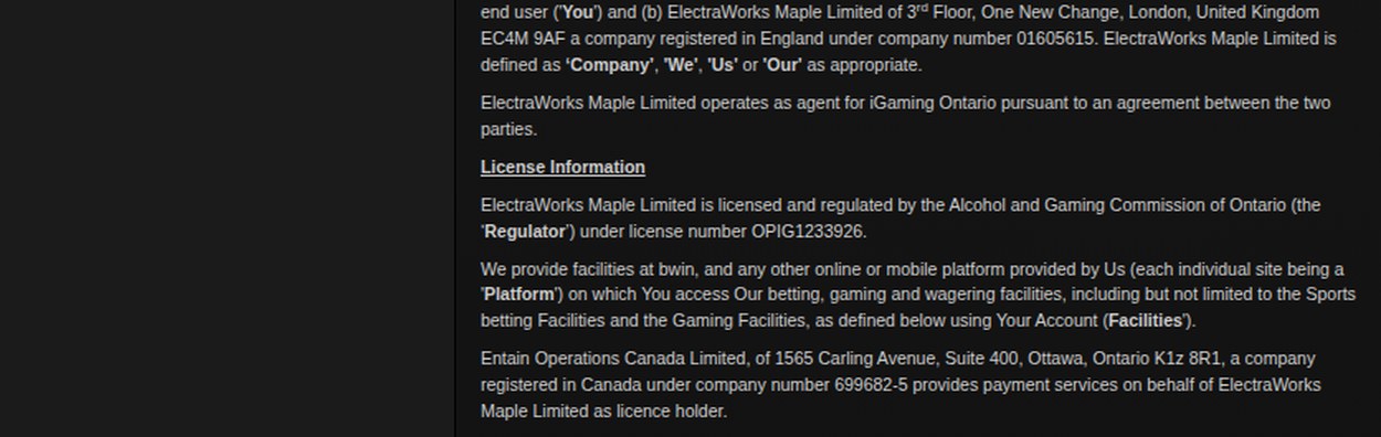 bwin Ontario terms and conditions naming ElectraWorks Maple Limited as licensed by the AGCO under licence number OPIG1233926