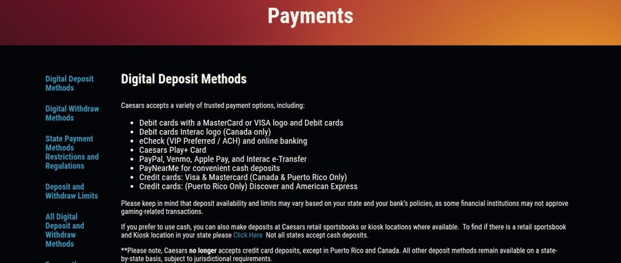 Caesars Ontario deposit methods list with Interac and credit card entries marked Canada only