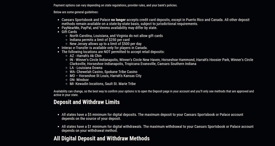 Caesars Ontario payment restrictions listing ON- Windsor among locations not permitted to accept retail deposits