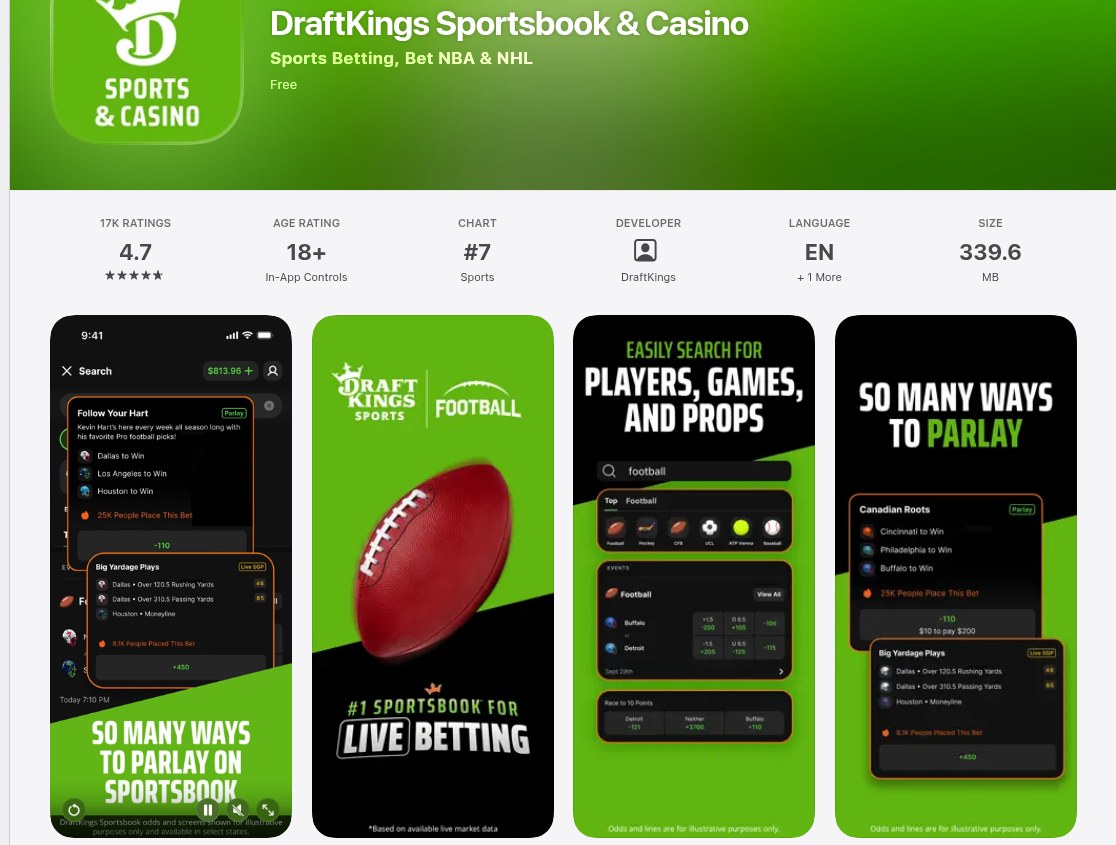 DraftKings Sportsbook and Casino on the Canadian App Store on 31 August 2026, showing a 4.7 rating, a 339.6 MB download and seventh place in the Sports chart