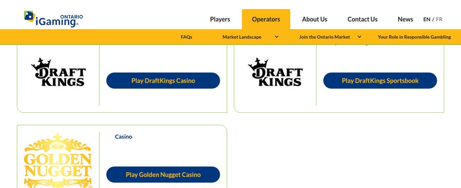 iGaming Ontario register showing the three DraftKings brands operated by Crown DK CAN Ltd