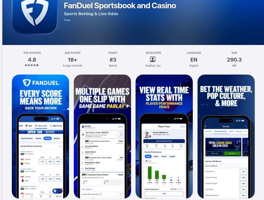 FanDuel Sportsbook and Casino on the Canadian App Store on 31 August 2026, showing a 4.8 rating and a 276.5 MB download