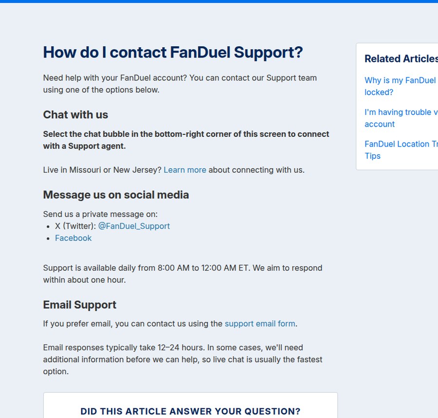 FanDuel support article listing live chat, social media and email as contact options