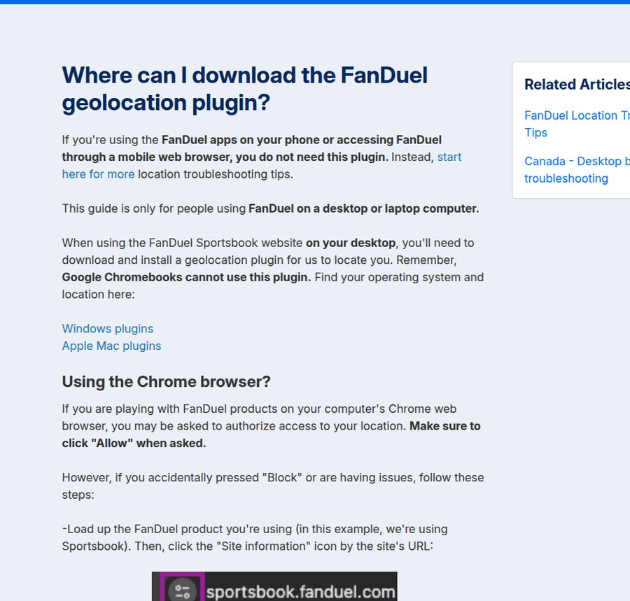 FanDuel help centre page for downloading the geolocation plugin, listing FanDuel ON for Windows and Mac