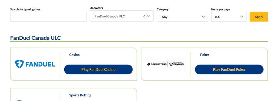 iGaming Ontario operator register showing FanDuel Canada ULC with Casino, Poker and Sports Betting entries