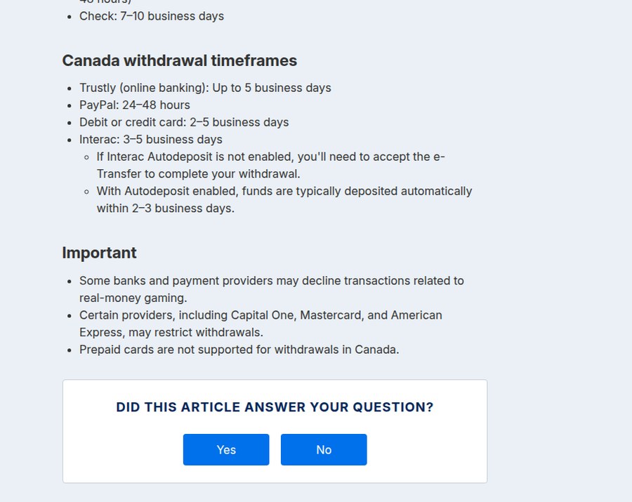 FanDuel withdraw help article showing Canada withdrawal timeframes and provider restrictions