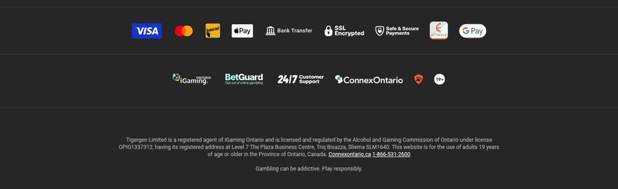 LeoVegas Ontario footer showing Tigergen Limited registered with the AGCO under OPIG1337312 next to the iGaming Ontario, BetGuard and ConnexOntario seals