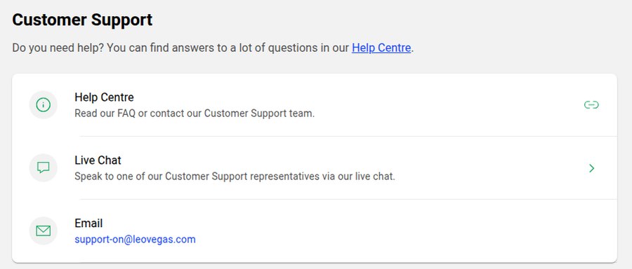 LeoVegas Ontario customer support panel listing Help Centre, live chat and email but no phone number