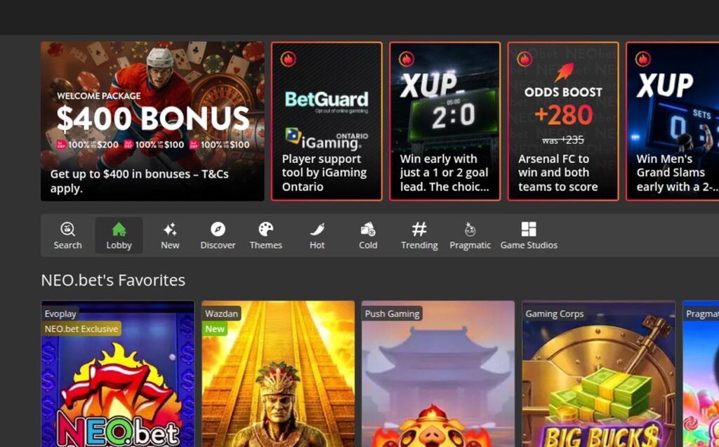NEO.bet Ontario casino lobby showing games labelled by studio, including the NEO.bet Sevens exclusive from Evoplay