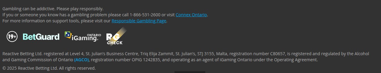 NEO.bet Ontario footer showing Reactive Betting Ltd registered with the AGCO under OPIG 1242835, next to the 19+, BetGuard, iGaming Ontario and RG Check seals