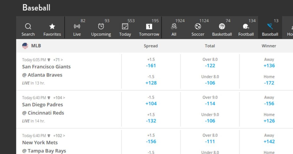 NEO.bet MLB board on 31 August 2026 showing 1,924 events in total and between 71 and 104 extra markets on each baseball game