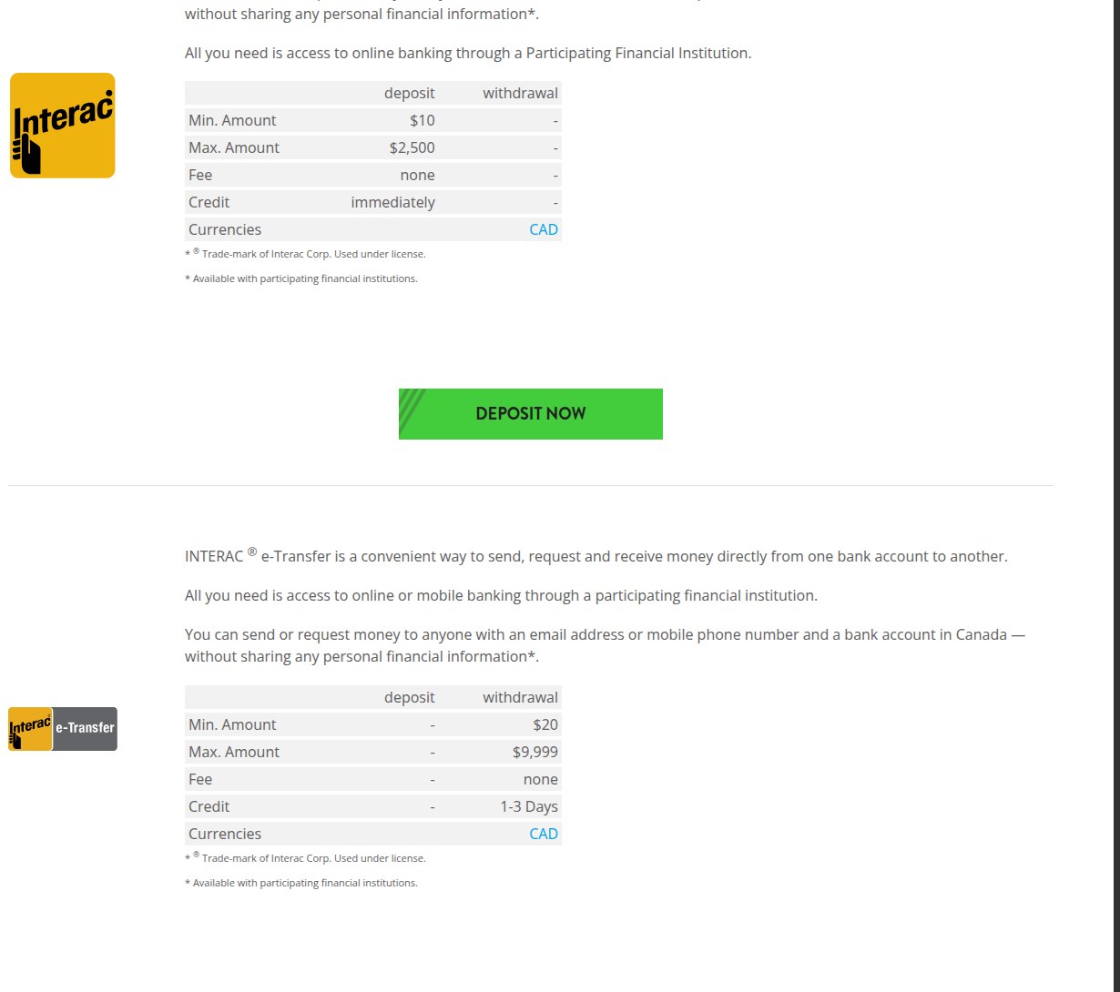 NEO.bet payment table showing Interac deposits from $10 to $2,500 credited immediately and Interac e-Transfer withdrawals from $20 to $9,999 in one to three days