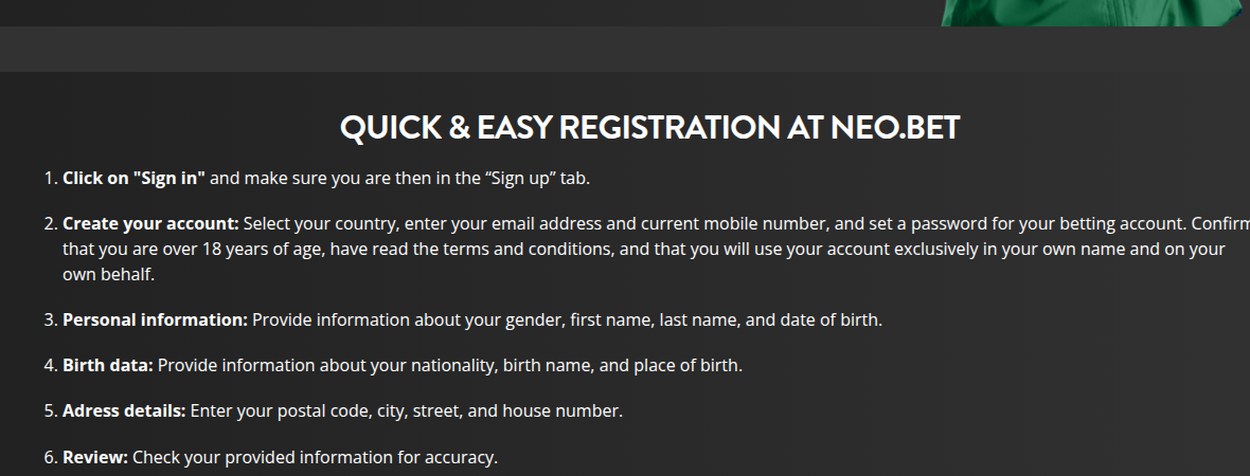 NEO.bet registration steps on its Ontario domain, asking players to confirm they are over 18 and to set a LUGAS deposit limit