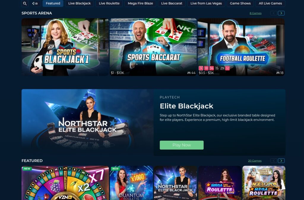 NorthStar Bets live dealer lobby with Sports Arena tables and Elite Blackjack